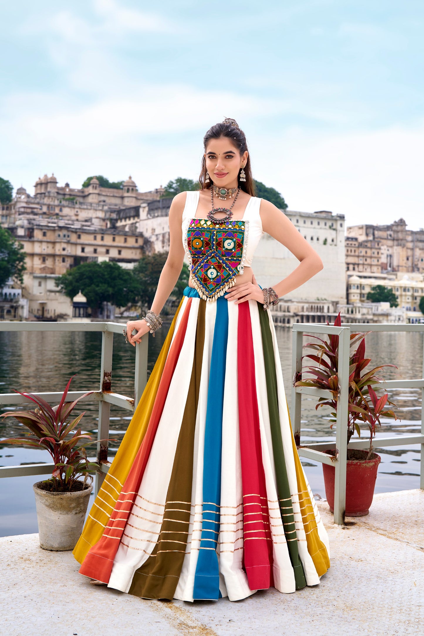 Shauryaa - Premium White Rayon Cotton Rainbow Styled Lehenga Cholis Fully Stitched