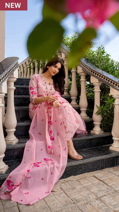 Baby Pink Chanderi Cotton Soft Kurti Set