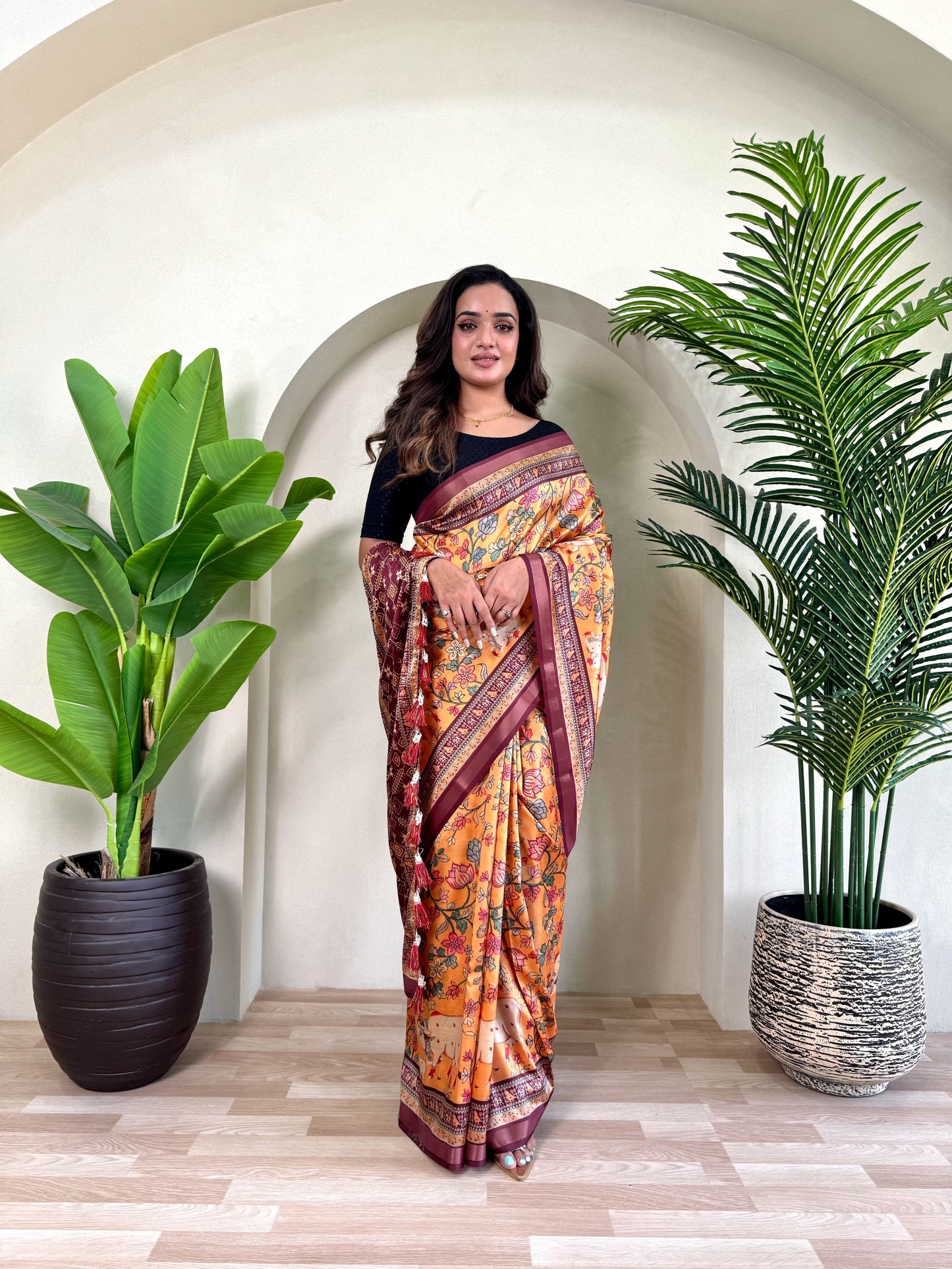 Ramya - Beautiful Dola Silk Printed Saree with Stitched Blouse Options