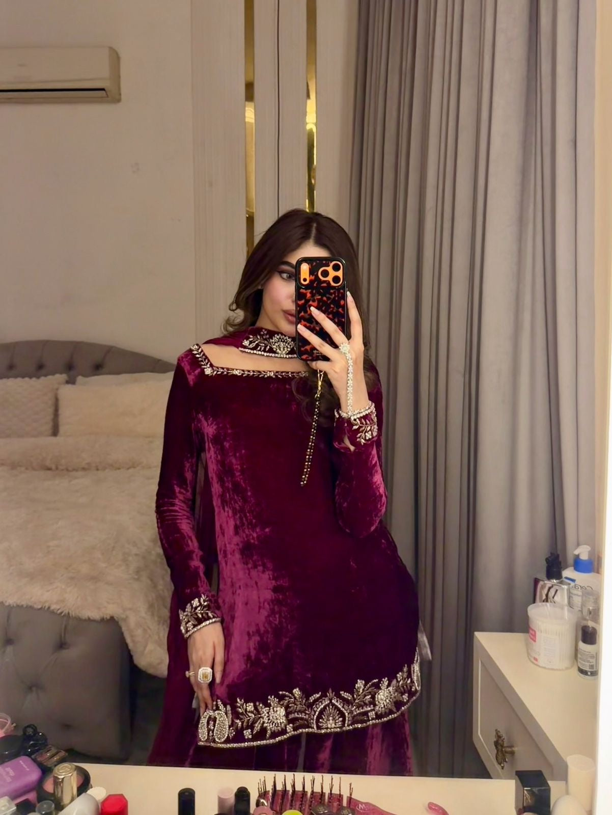 Premium Velvet with Minimal Beautiful Embroidery Fully Stitched Sharara Suit