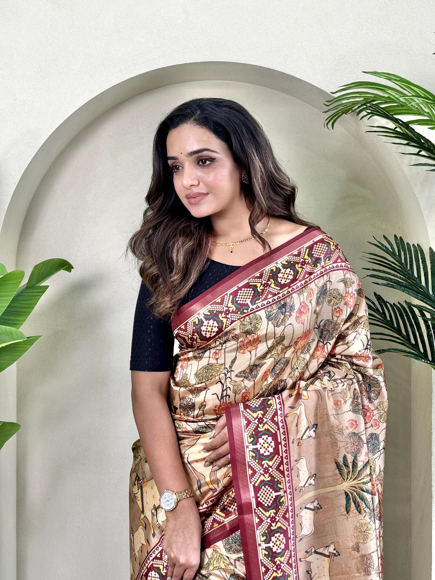 Ramya - Beautiful Dola Silk Printed Saree with Stitched Blouse Options