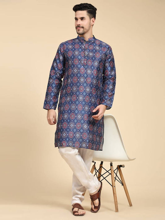 Navy blue Men's traditional sequins work & print cotton kurta with pajama