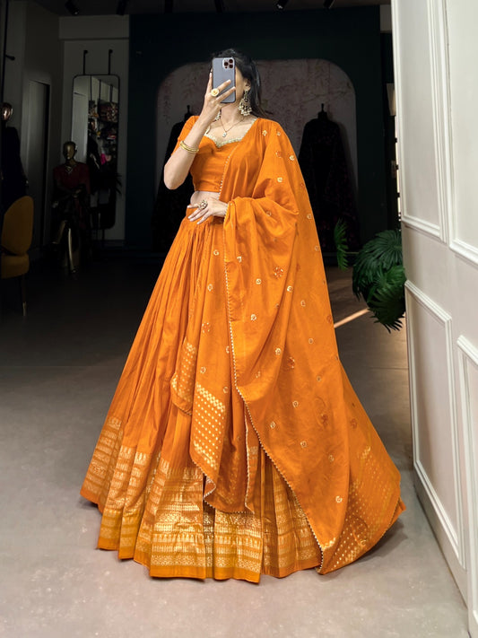Minimalist Lehenga Mustard Yellow Chanderi Silk Fabric Fully Stitched