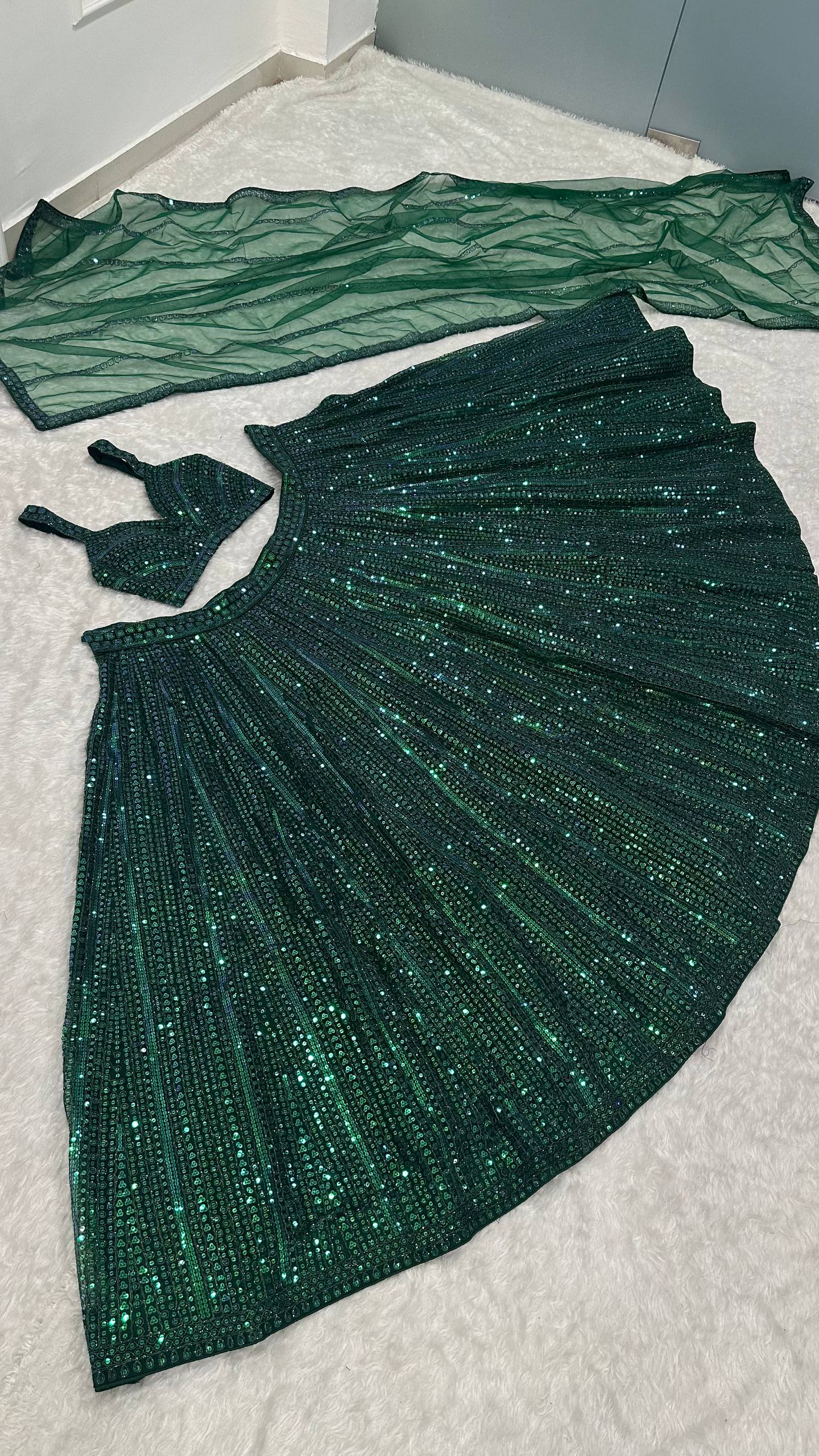 Premium Emerald Green Net Lehenga with Fully Sequins Work Fully Stitched