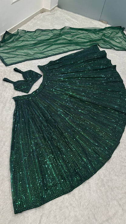 Premium Emerald Green Net Lehenga with Fully Sequins Work Fully Stitched