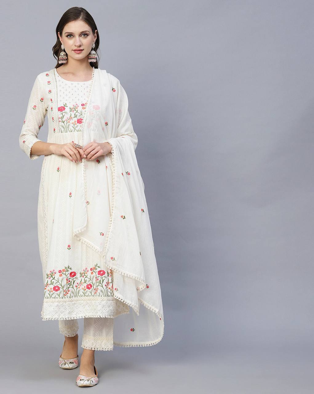 Off white embroidered work kurti set
