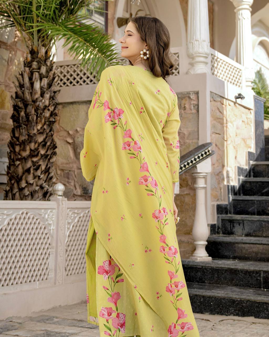 Lime Yellow Chanderi Cotton Soft Kurti Set