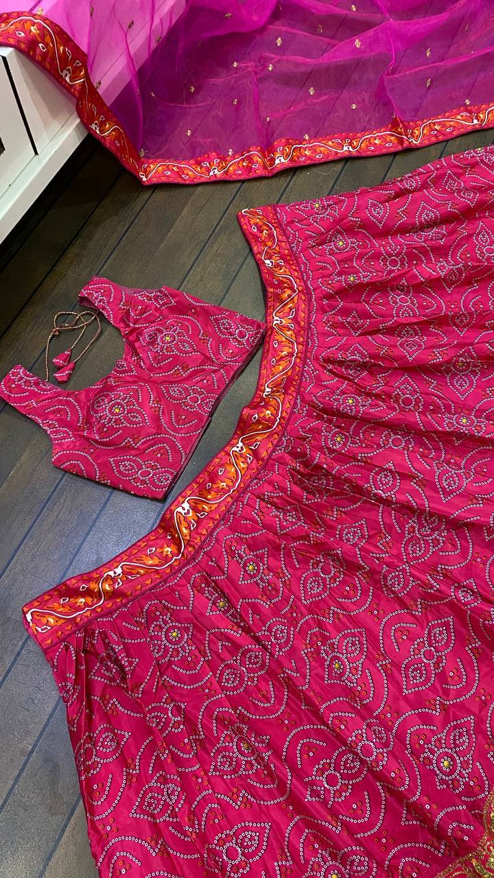 Pink and Orange Bandhani Style Soft Silk Lehenga with Minimal Work Fully Stitched