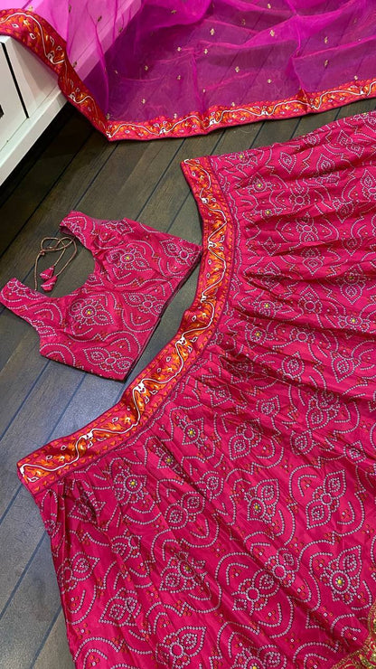 Pink and Orange Bandhani Style Soft Silk Lehenga with Minimal Work Fully Stitched