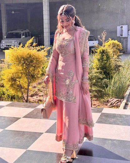 Baby Pink Beautiful Silk Sharara Suit Fully Stitched