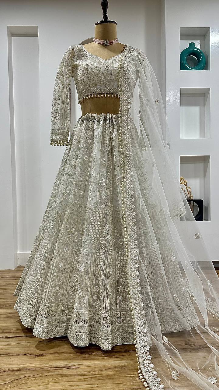 Grey White Premium Net Lehenga with Sequins, Dori and Pearl Work Fully Stitched