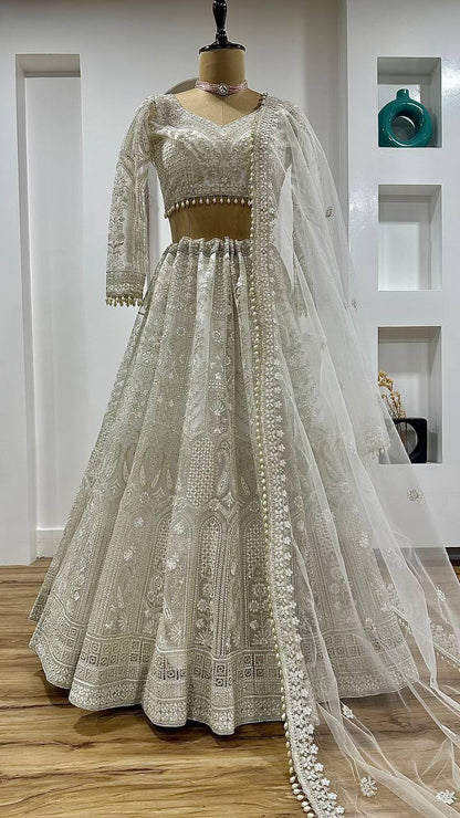 Grey White Premium Net Lehenga with Sequins, Dori and Pearl Work Fully Stitched