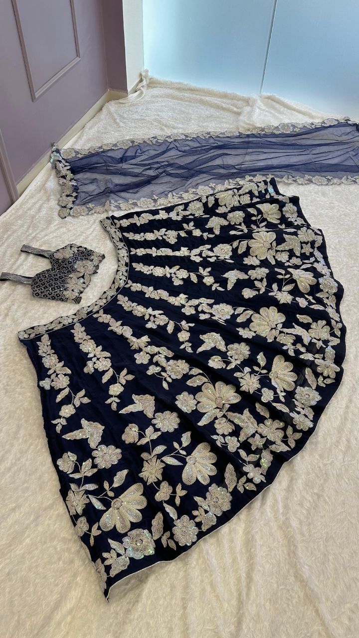 Premium navy blue georgette lehenga with heavy embroidery work fully stitched