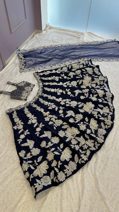 Premium navy blue georgette lehenga with heavy embroidery work fully stitched