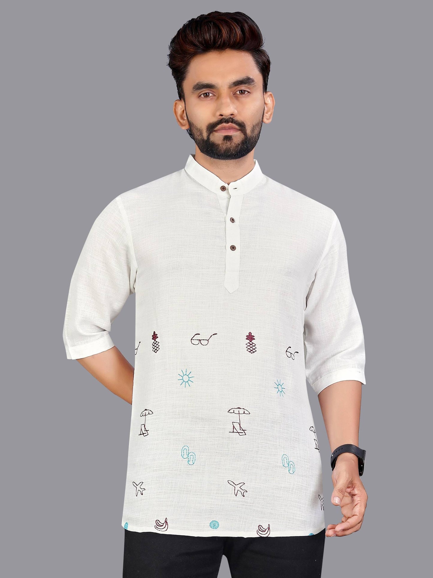 Off White Men's Premium Linen Print Short Kurta for Casual or Festive Look