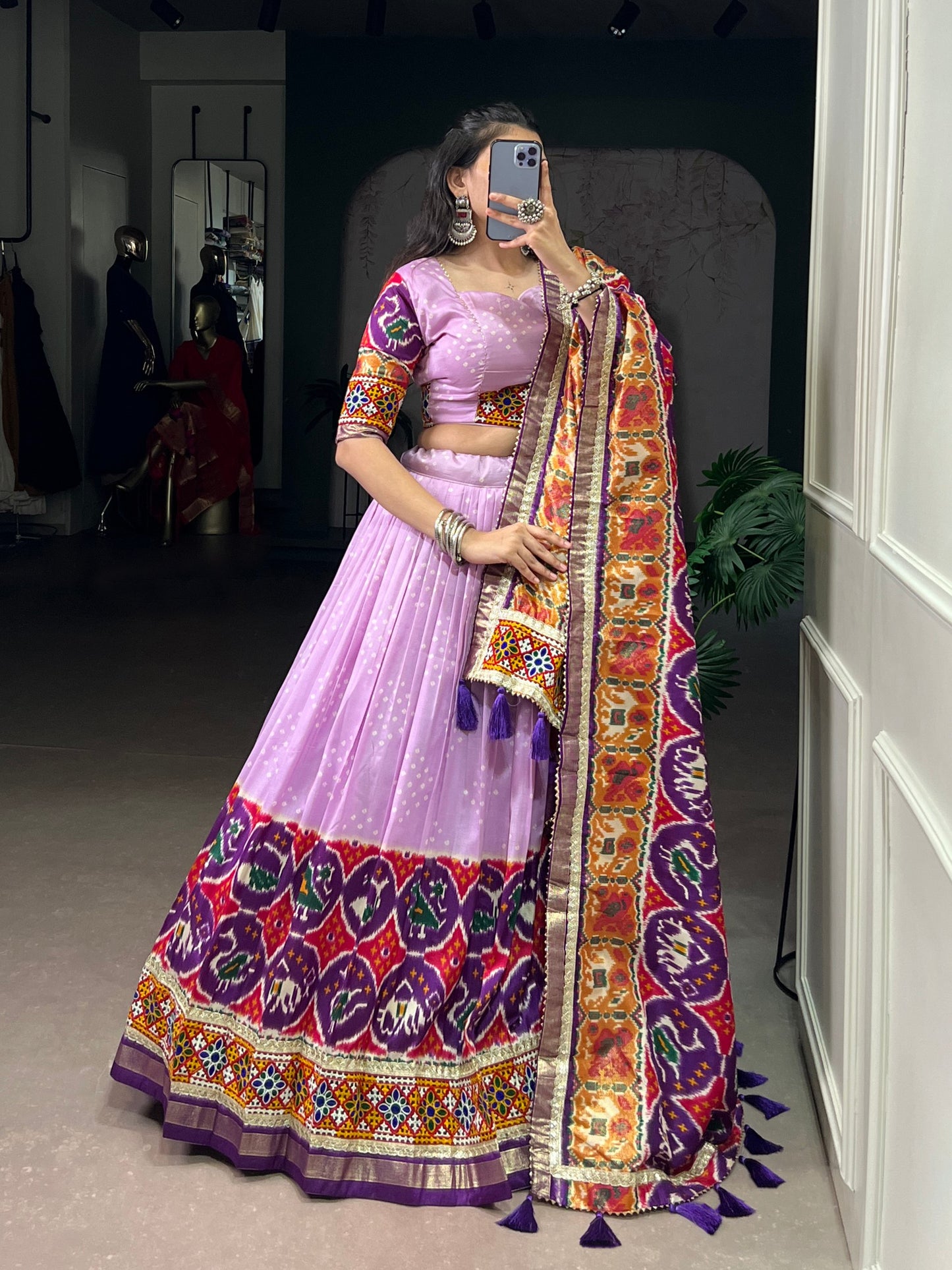Varni - Beautiful Gamthi Work Printed Silk Chaniya Cholis Fully Stitched