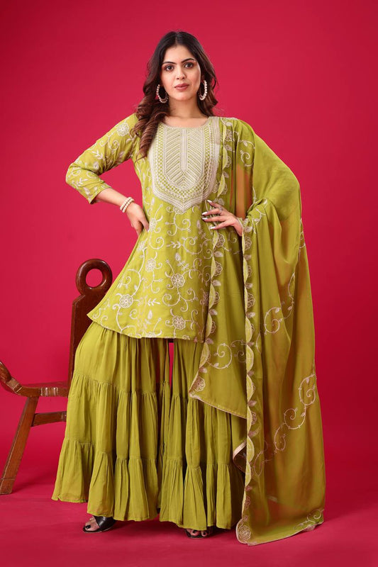Soft Georgette Parrot Green Sharara Set Fully Stitched