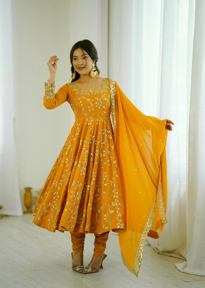 Preeva - Mustard Soft Georgette with Full Embroidery Gown Fully Stitched