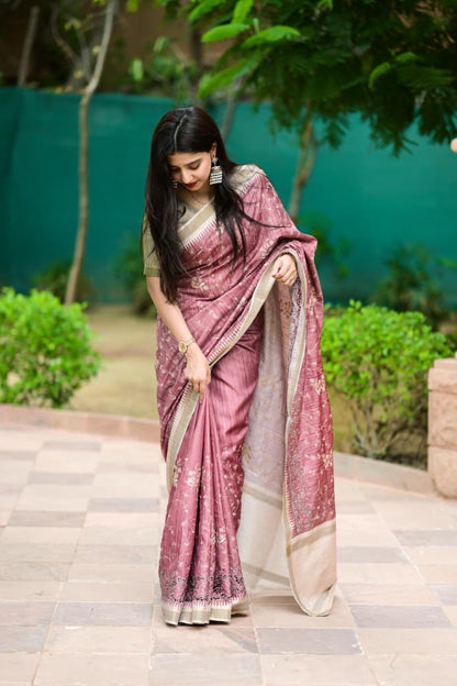 Evika - Premium Tussar Cotton Saree with Cut Work & Stitched Blouse