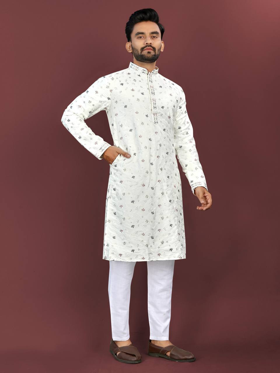 Men's Silk Fabric Floral Embroidered Kurta with Pajama