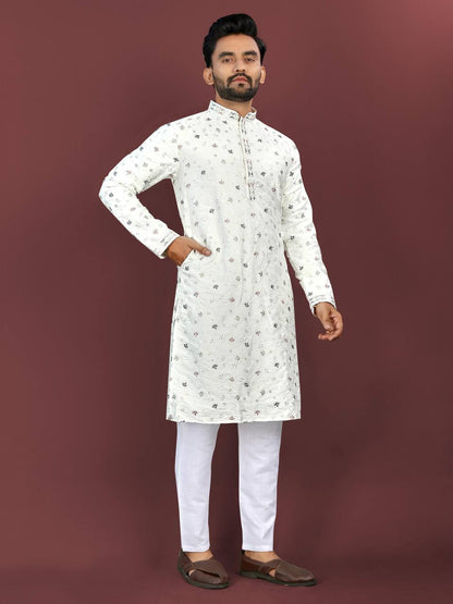 Men's Silk Fabric Floral Embroidered Kurta with Pajama