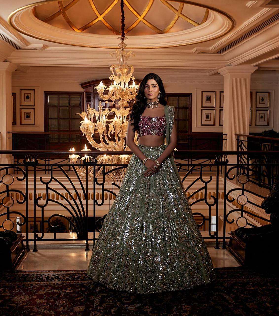 Grey Pink Shimmering Lehenga Fully Stitched as per your requirements