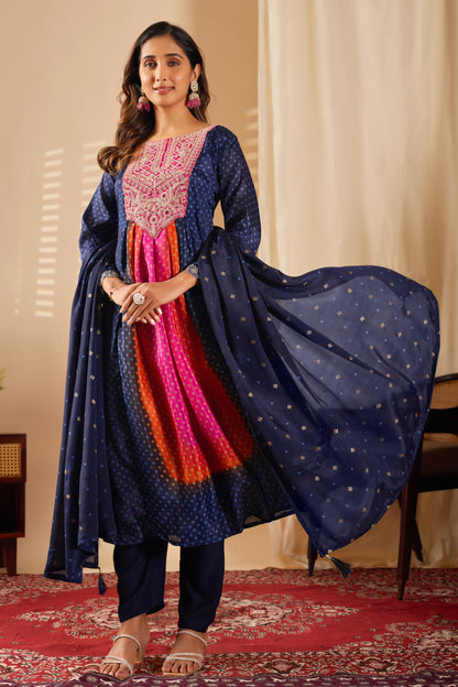 Premium Navy Blue Chinon Silk Kurti Set with Beautiful Embroidery