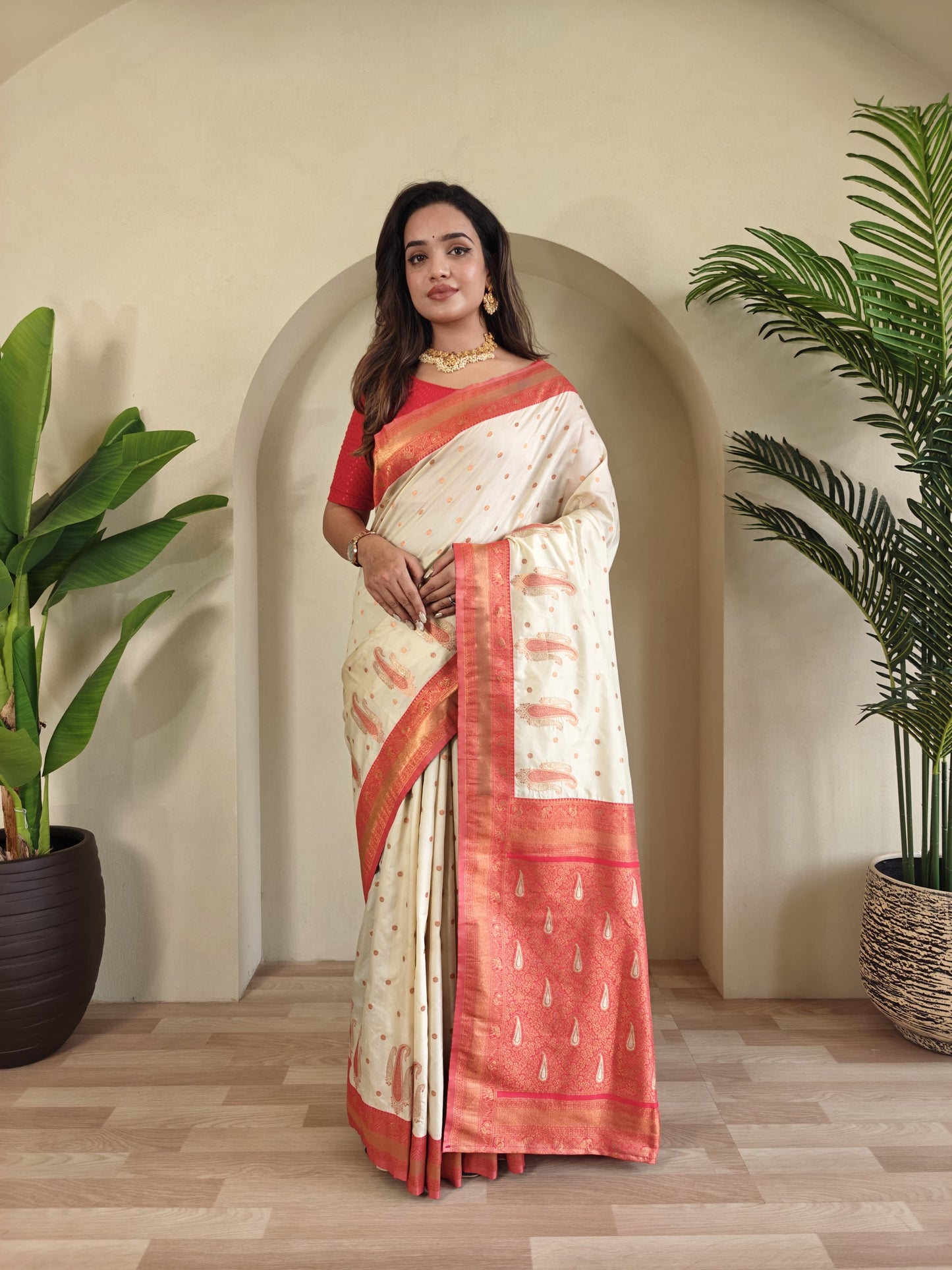 Off white Pure Paithani Silk Saree with rich weaving with Stitched Blouse