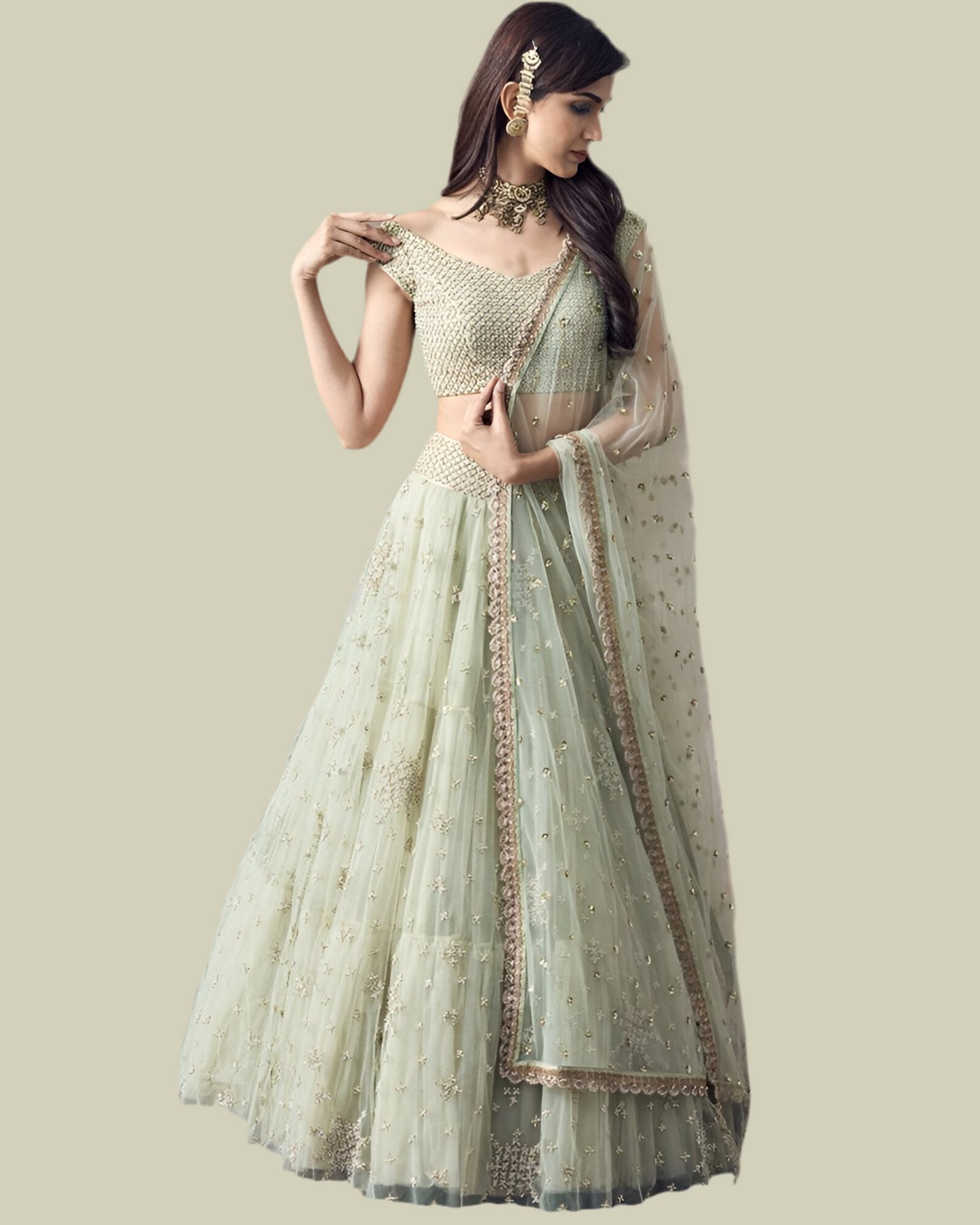 Premium Pastel Pistachio Net Fabric Readymade Lehenga