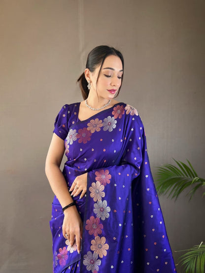 Palki - Soft Silk Copper and Gold Zari Weaving Flower Weaved Saree with Stitched Blouse Options