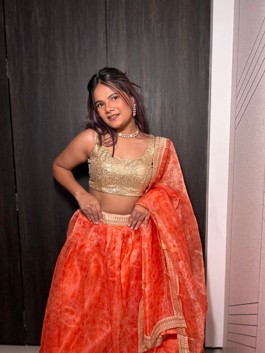 Peachy orange Organza lehenga fully stitched