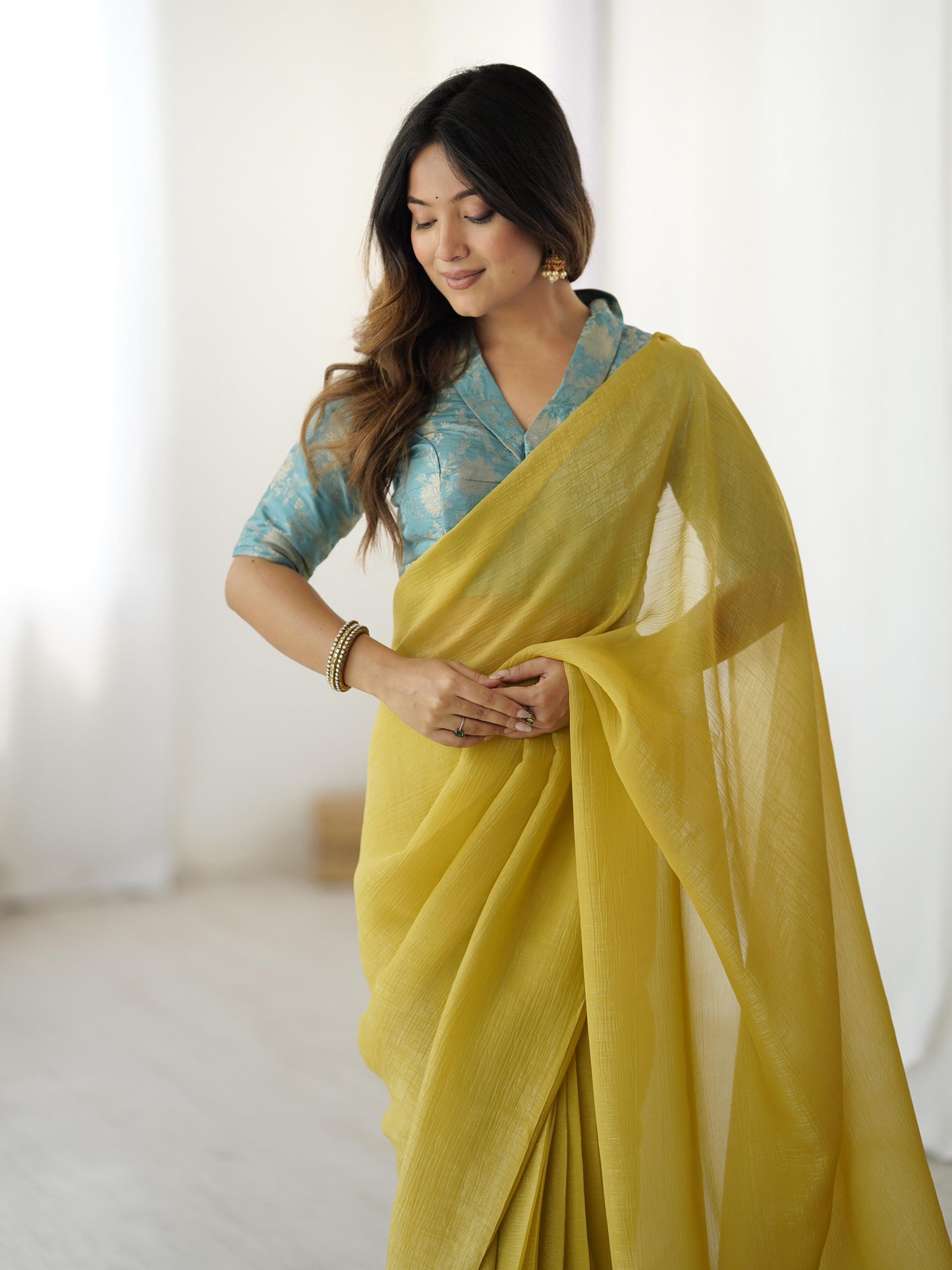 Soft Silk Flowy Minimal Sparkle with Ready to Wear Saree & Readymade Blouse