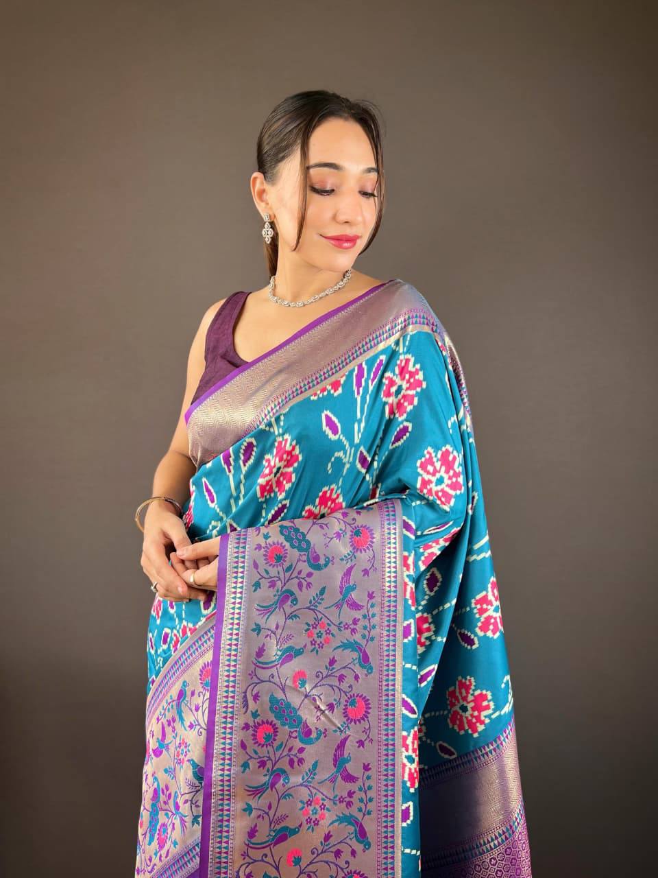 Premium Soft Silk With Rich Patola Weaving and Contast Pallu with Stitched Blouse