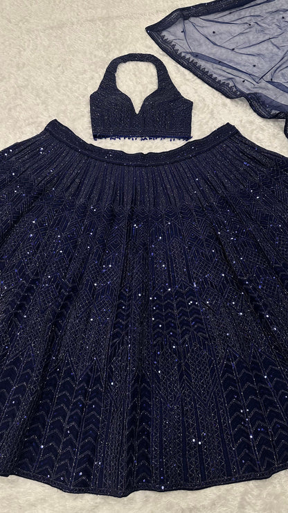 Anoushka - Premium Navy Blue Net Lehenga with Heavy Sequins Work Fully Stitched