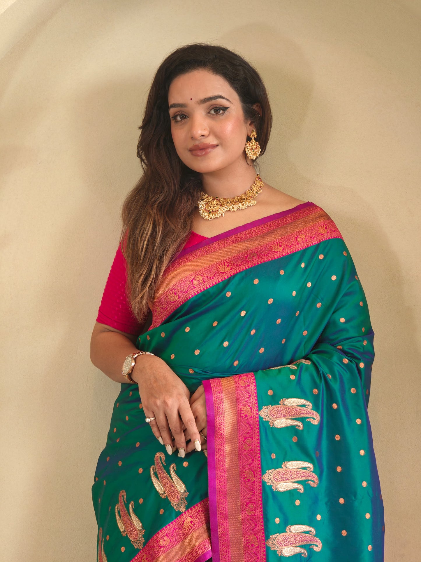 Pure Paithani Silk Saree with rich weaving with Stitched Blouse