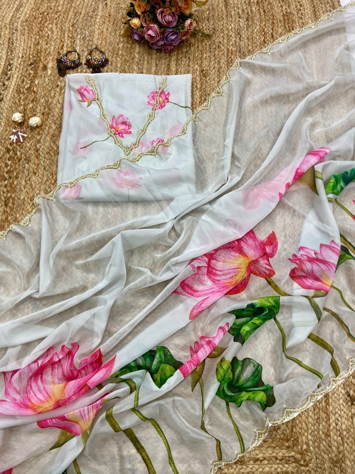 Soft Silk Floral Val Moti Work Border Saree With Stitched Blouse Options