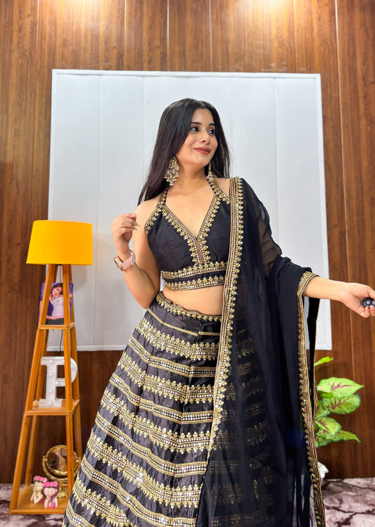 Premium Black and Gold Silk Lehenga Fully Stitched