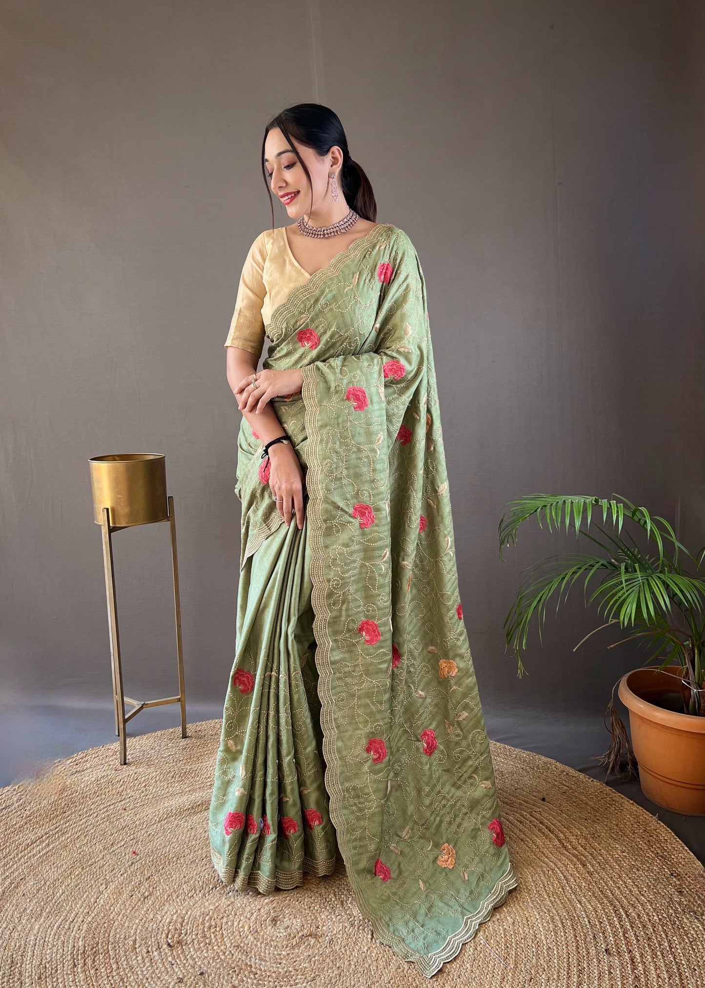 Kamya - Pure Tussar Silk with Jaal Embroidery Weaving with Stitched Blouse Options