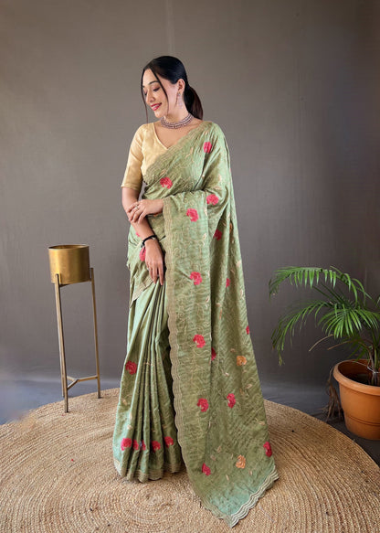Kamya - Pure Tussar Silk with Jaal Embroidery Weaving with Stitched Blouse Options