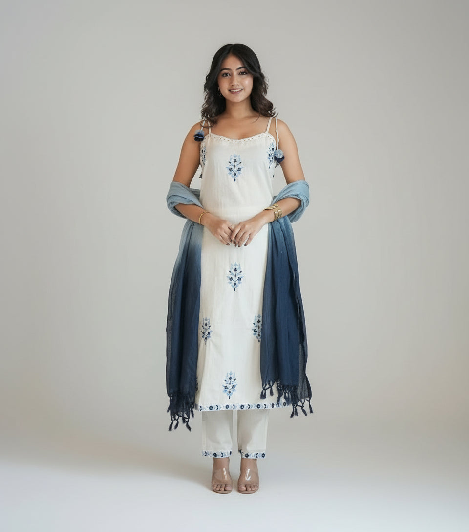 Woman in a white outfit with blue accents standing indoors next to a vase of flowers.