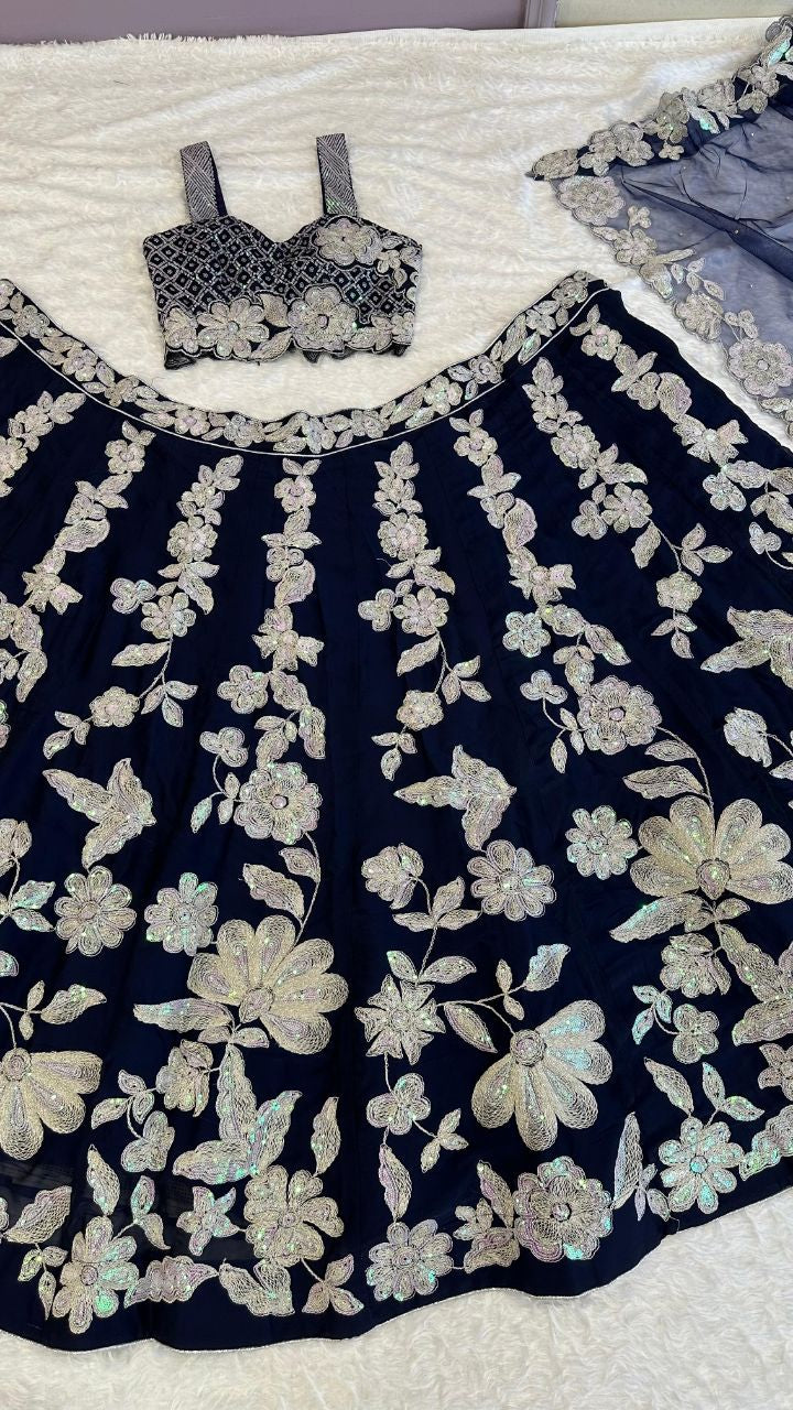 Premium navy blue georgette lehenga with heavy embroidery work fully stitched