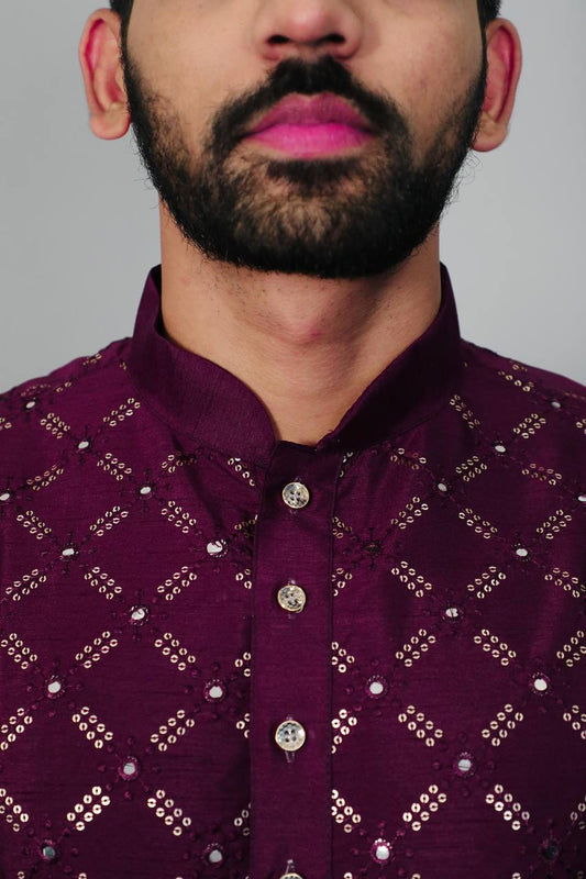 Wine colour Premium soft silk kurta with sequins work and with white cotton pajama