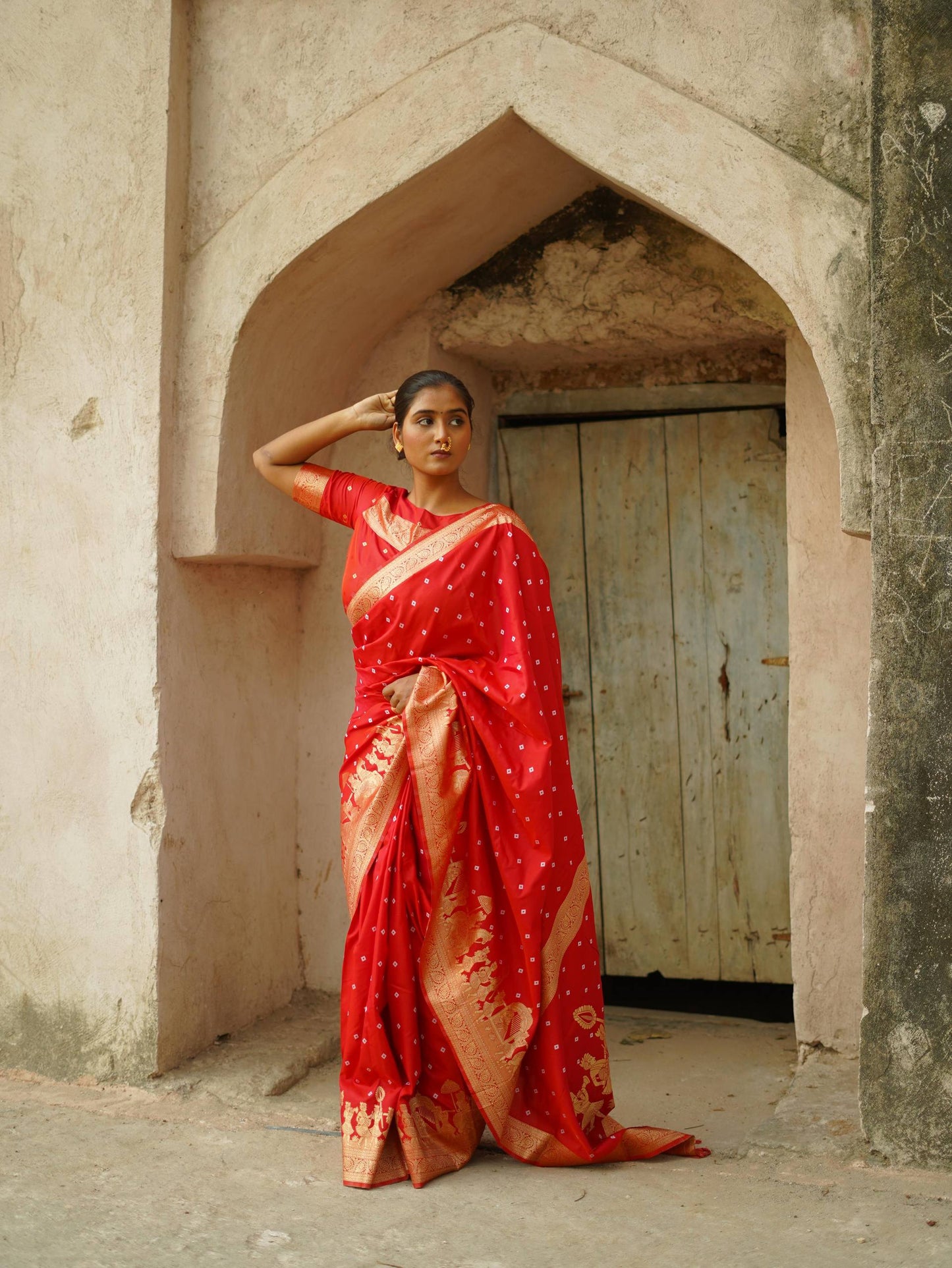 Apsara - Soft Silk with Hand Bandhej Pattern Gold Border Paithani Saree with Stitched Blouse Options