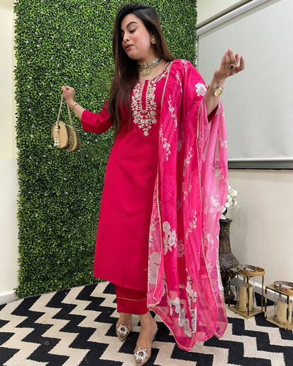 Soft Silk Rani Pink Embroidered Kurti Pant with Floral Printed Dupatta