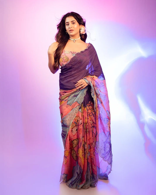 Jhalak - Soft Silk Printed Saree with Pearl work & Stitched Blouse
