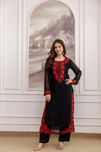 Black and Red Georgette Kurti Set with Embroidery Work