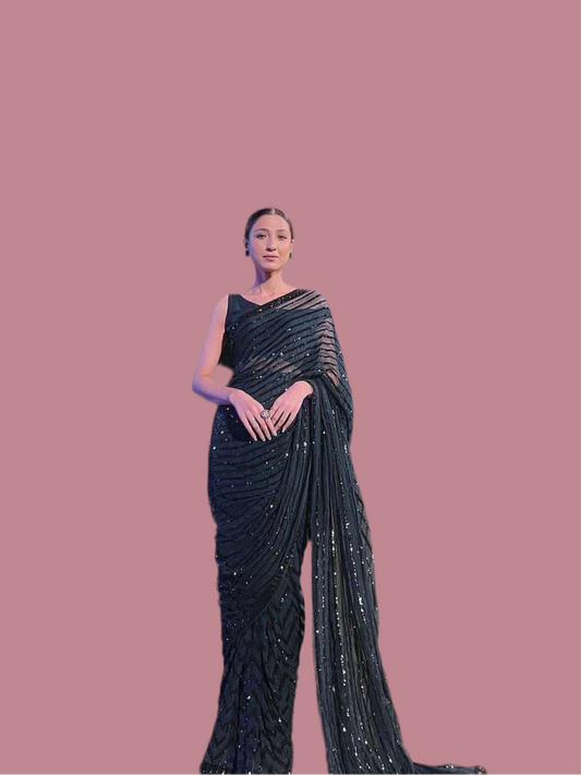 Jet Black pure georgette sequins saree with stitched blouse