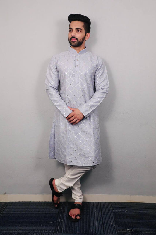Grey Premium soft silk kurta with sequins work and with white cotton pajama