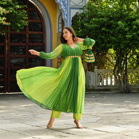 Parrot Green georgette gown readymade
