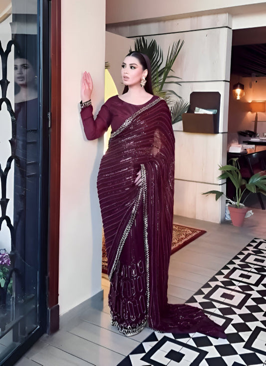 Kasturi Silk Bollywood Style Saree with Sequins Work Fully Stitched Blouse
